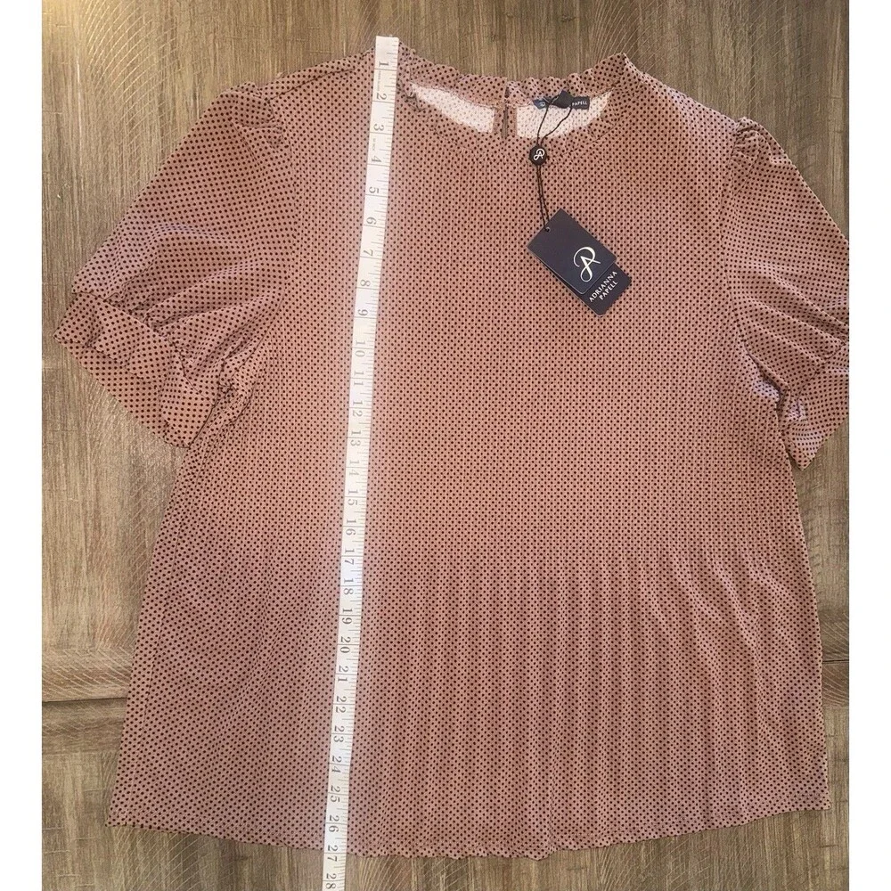 NWT Adrianna Papell Polka Dot Print Ruffle Neck Puffed Sleeve Pleated Top XL $69